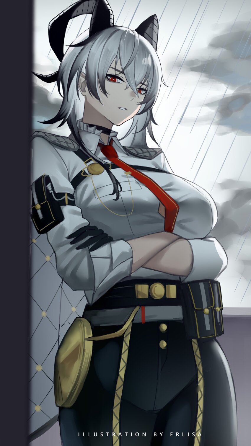 1girl absurdres arm_pouch artist_name black_gloves black_horns black_pants black_pouch breasts button_gap chest_harness commentary cowboy_shot crossed_arms curled_horns erlisa_takanashi gloves hair_between_eyes harness high-waist_pants highres horns large_breasts necktie pants parted_lips red_eyes red_necktie shirt shirt_tucked_in solo white_shirt wuthering_waves zani_(wuthering_waves)