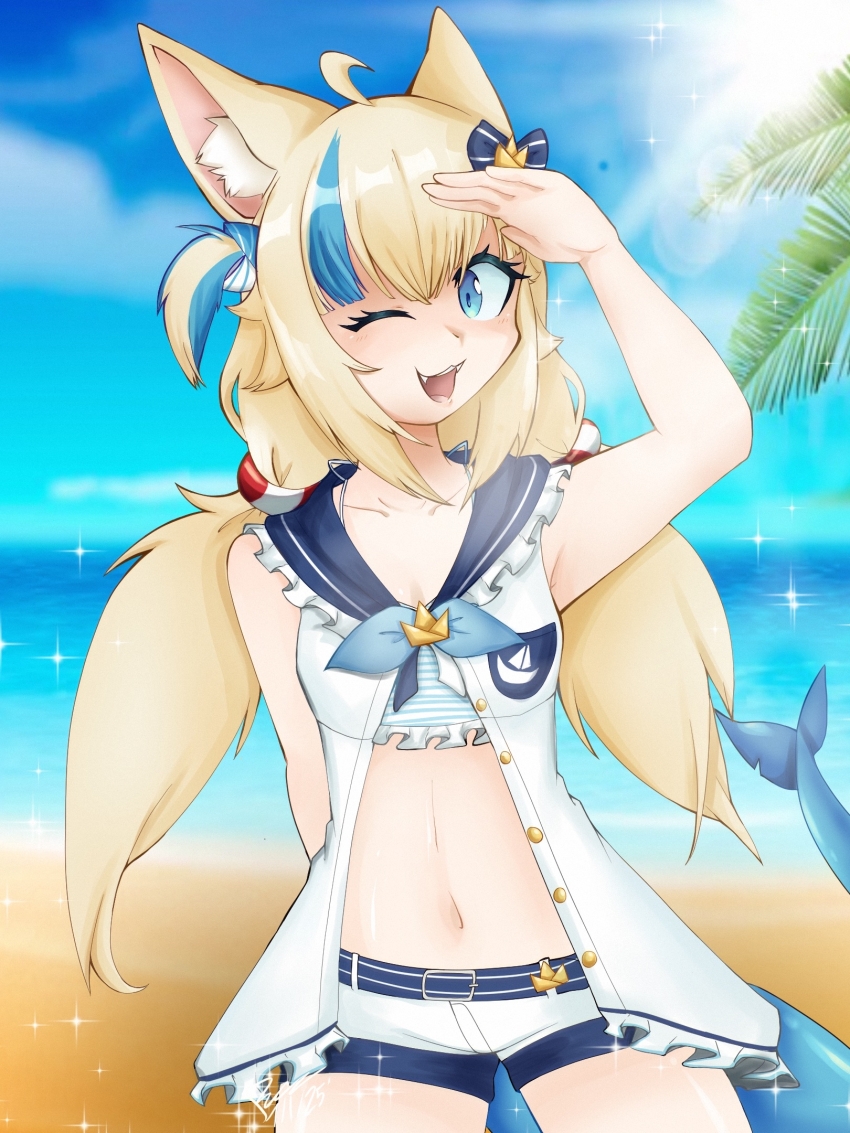 1girl animal_ears bikini bikini_under_clothes blonde_hair blue_eyes breasts cat_ears dress fins fish_girl fish_tail highres indie_virtual_youtuber multicolored_hair sameko_saba sleeveless sleeveless_dress small_breasts solo streaked_hair swimsuit tail vaporublord virtual_youtuber white_dress