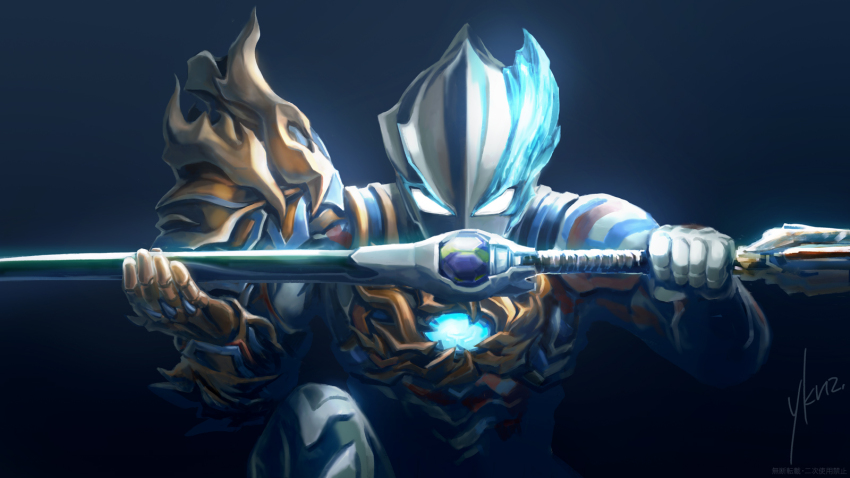 1boy armor dark_background firdran_armor glowing glowing_eyes highres holding holding_sword holding_weapon male_focus mask on_one_knee snowslide sword tilsofird_lancer tokusatsu ultra_series ultraman_blazar ultraman_blazar_(series) weapon