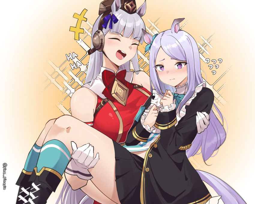 +++ 2girls animal_ears aqua_bow aqua_bowtie aqua_socks artist_name black_boots black_coat black_skirt blunt_bangs boots bow bowtie carrying closed_eyes closed_mouth coat commentary flying_sweatdrops gloves gold_ship_(red_strife)_(umamusume) gold_ship_(umamusume) grey_hair hair_ribbon highres horse_ears horse_girl horse_tail laughing light_blush long_hair mejiro_mcqueen_(frontline_elegance)_(umamusume) mejiro_mcqueen_(umamusume) multiple_girls open_mouth pinepin princess_carry purple_eyes purple_hair purple_ribbon red_bow red_bowtie ribbon skirt sleeveless socks tail umamusume white_gloves yuri