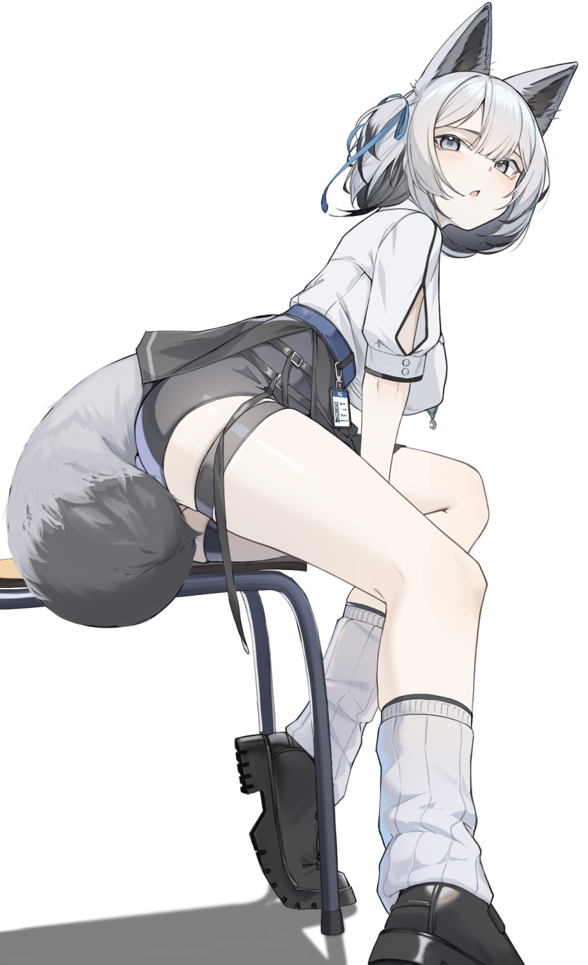 1girl animal_ear_fluff animal_ears badge belt black_shoes black_shorts blue_belt blue_ribbon breasts chair chinese_commentary commentary_request foot_out_of_frame grey_hair hair_between_eyes hair_ribbon highres large_breasts legs looking_at_viewer on_chair open_mouth original pero_(peroneko0510) ribbon shirt shoes short_hair short_shorts short_sleeves shorts sidelocks simple_background sitting socks solo tail thigh_strap thighs white_background white_shirt white_socks
