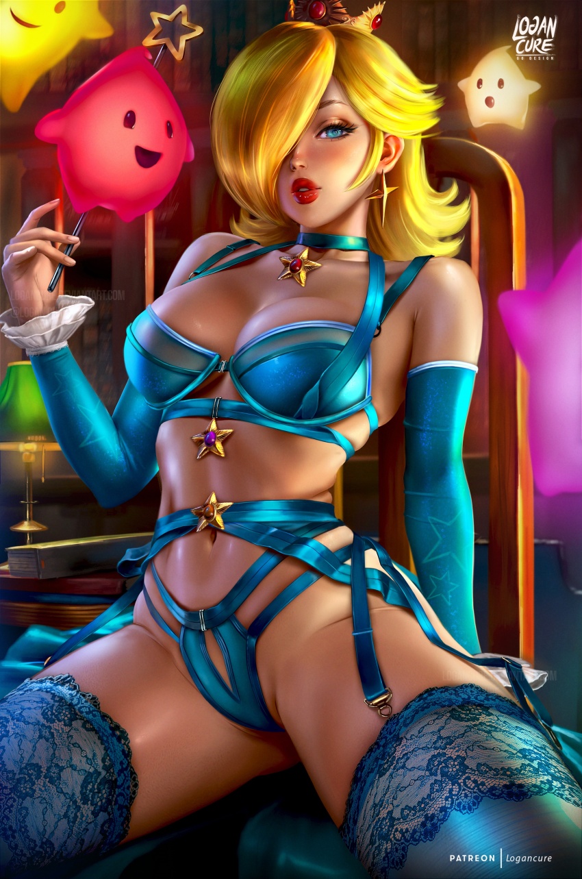 1girl 4others absurdres artist_logo bare_shoulders blonde_hair blue_bra blue_choker blue_eyes blue_lingerie blue_thighhighs book bra breasts chair choker clasp commentary crown detached_sleeves earrings english_commentary eyelashes fingernails frills hair_over_one_eye highres jewelry lamp large_breasts lingerie lipgloss logan_cure logo luma_(mario) mario_(series) medium_hair multiple_others navel nintendo patreon_username red_lips ribbon rosalina sparkling_clothes star-shaped_buckle star_(symbol) star_earrings star_pin super_mario_galaxy thighhighs underwear wand watermark