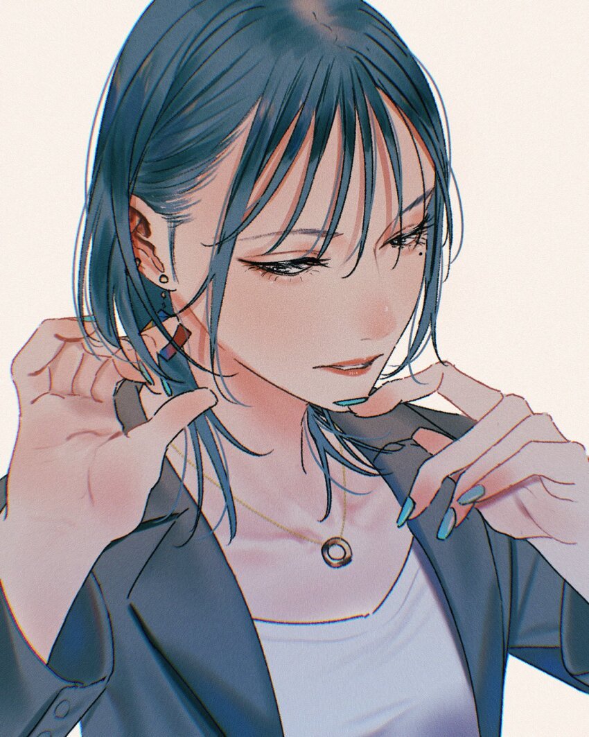 1girl black_eyes blue_hair blue_nails collarbone ear_ornament grey_jacket hand_in_own_hair highres jacket jewelry nail_polish necklace original red_lips ring ring_necklace saitou_(lynx-shrike) shirt short_hair simple_background solo suit_jacket white_background white_shirt