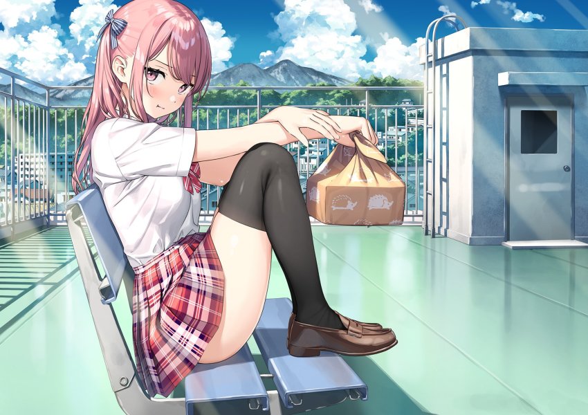 1girl :t bench black_thighhighs blue_bow blue_sky blush bow bowtie breasts brown_shoes closed_mouth commentary_request day fence from_side full_body hair_bow highres holding kantoku knees_up kurumi_(kantoku) ladder large_breasts light_rays loafers long_hair looking_at_viewer looking_to_the_side miniskirt mountainous_horizon original outdoors pink_eyes pink_hair plaid_clothes plaid_skirt pout red_bow red_bowtie red_skirt rooftop school_uniform shoes short_sleeves sitting skindentation skirt sky solo striped_bow sunbeam sunlight thighhighs thighs town v-shaped_eyebrows wrapped_bento