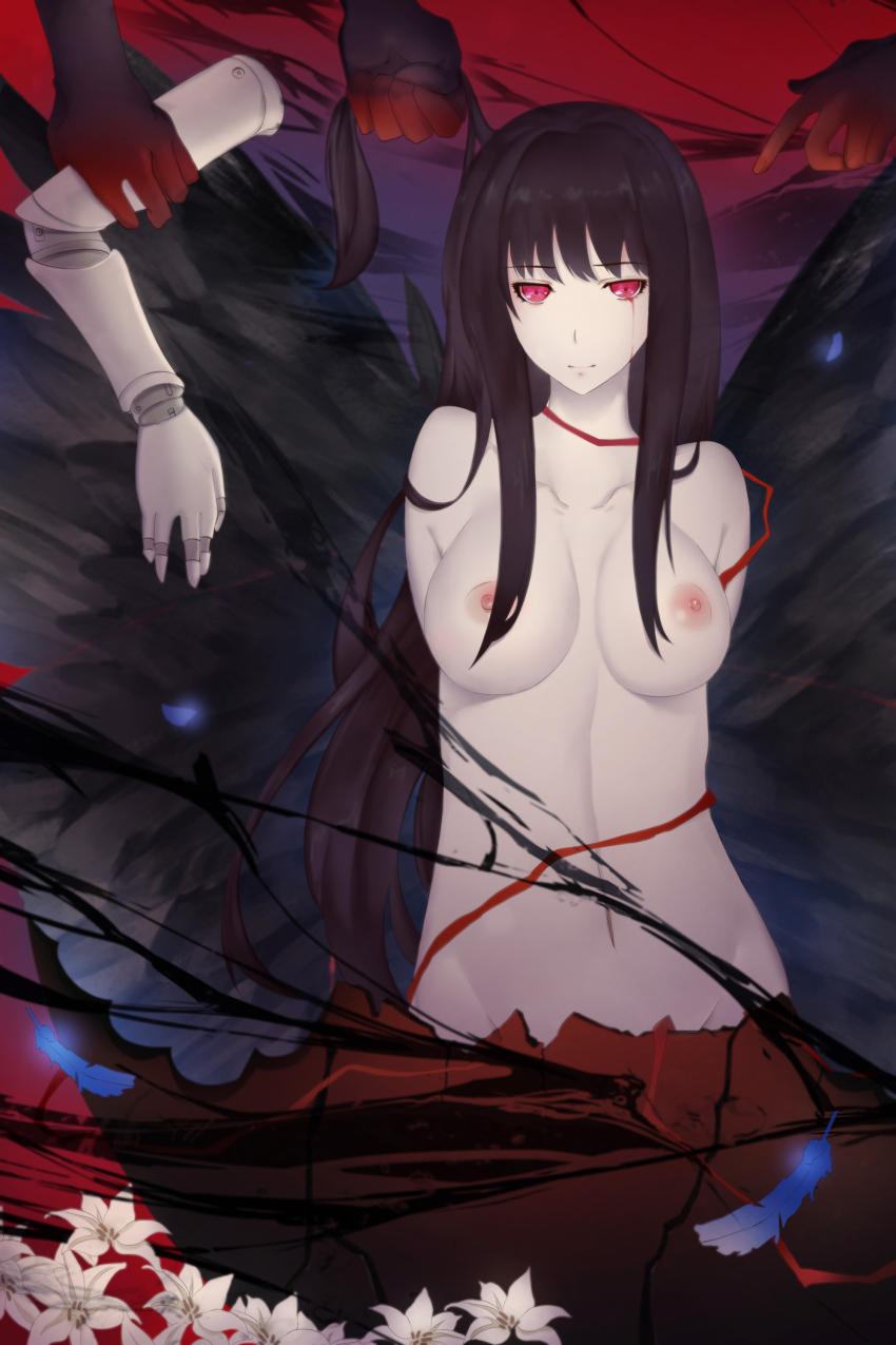 1girl absurdres amputee black_hair blood bloody_tears breasts eggshell feathers female_focus flower grabbing_another&#039;s_hair highres innocent_grey kara_no_shoujo kuchiki_touko long_hair looking_at_viewer mag_(huangmag) medium_breasts nipples nude prosthesis prosthetic_arm red_eyes smile solo very_long_hair