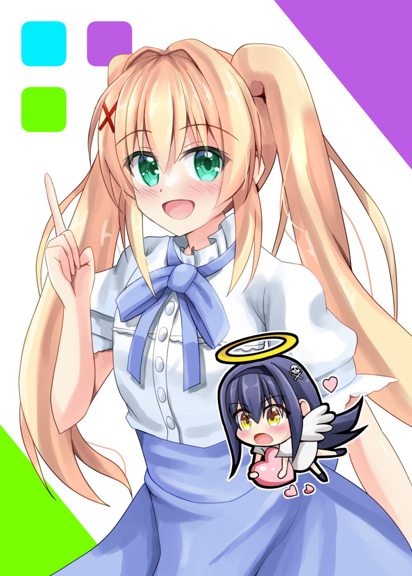 2girls :d :o angel angel_wings black_hair black_hairband blonde_hair blue_bow blue_bowtie blue_skirt blush bow bowtie chibi chibi_inset colored_eyelashes commentary_request cowboy_shot dress eyes_visible_through_hair green_eyes hair_between_eyes hair_intakes hair_ornament hairband hand_up happy heart high-waist_skirt highres holding holding_heart index_finger_raised kushima_kamome long_hair looking_ahead looking_at_viewer minatoto multiple_girls official_alternate_costume open_mouth outline puffy_short_sleeves puffy_sleeves shirt short_sleeves sidelocks simple_background skirt skull_and_crossbones smile solo_focus summer_pockets tsumugi_wenders twintails very_long_hair white_background white_dress white_outline white_shirt wings x_hair_ornament yellow_eyes