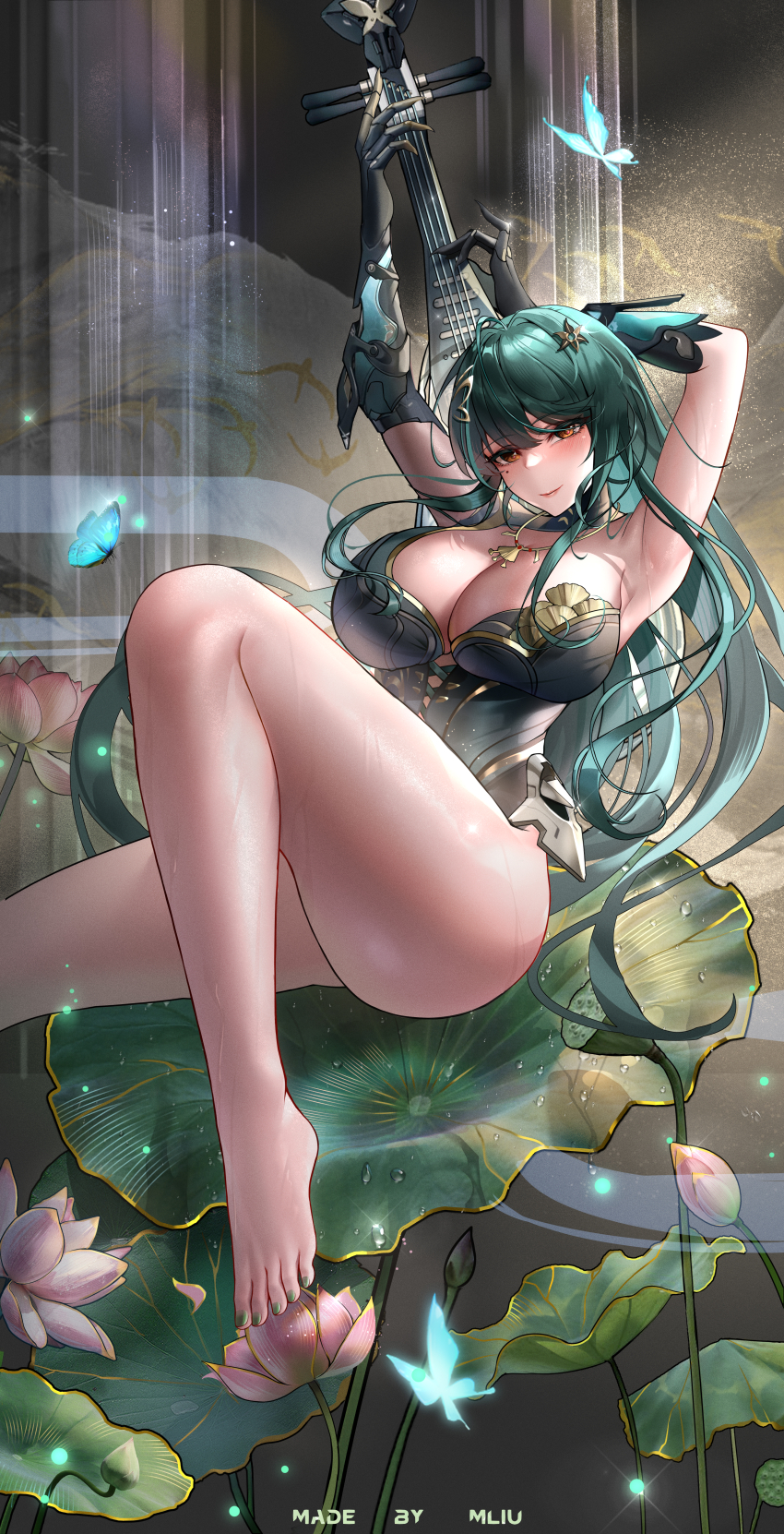 1girl absurdres armpits barefoot black_gloves breasts cleavage elbow_gloves flower foot_out_of_frame gloves gold_trim green_hair hanying_(pgr) highres huge_breasts long_hair looking_at_viewer lotus mole mole_under_eye orange_eyes punishing:_gray_raven smll233 solo very_long_hair