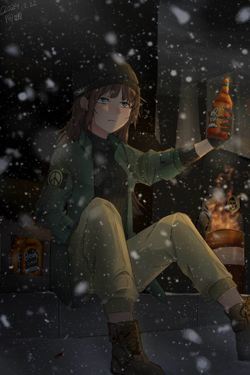 1girl absurdres beanie beer_bottle bottle brown_hair gloves green_eyes hat highres holding holding_bottle iubworks long_hair original peace_symbol sitting snowing solo_focus