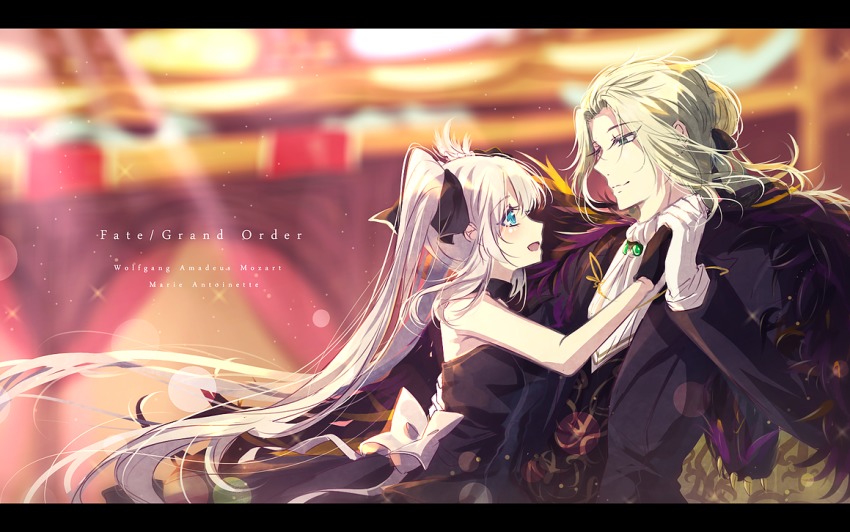 1boy 1girl black_dress black_eyes black_gloves black_ribbon blonde_hair blue_eyes bow character_name copyright_name dancing dress eye_contact fate/grand_order fate_(series) floating_hair gloves hair_ribbon hetero holding_hands letterboxed long_hair looking_at_another marie_antoinette_(fate) marie_antoinette_(formal_dress)_(fate) mokoppe official_alternate_costume open_mouth ribbon silver_hair sleeveless sleeveless_dress twintails very_long_hair white_bow white_gloves wolfgang_amadeus_mozart_(fate) wolfgang_amadeus_mozart_(formal_dress)_(fate)