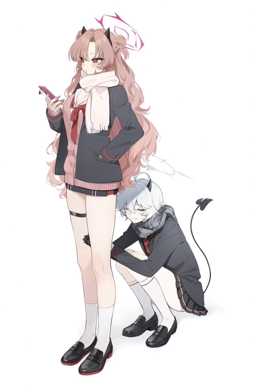 2girls black_horns black_shoes black_skirt blue_archive breasts cardigan commentary_request demon_horns demon_tail double_bun erika_(blue_archive) grey_halo hair_between_eyes hair_bun hakuhatsu halo highres holding holding_phone horns kirara_(blue_archive) kneehighs long_sleeves miniskirt multiple_girls nail_polish necktie phone pink_cardigan pink_halo pink_nails pink_scarf plaid_clothes plaid_scarf pleated_skirt red_necktie scarf shoes short_hair simple_background skirt smile socks squatting standing tail thigh_strap thighs white_background white_hair white_socks