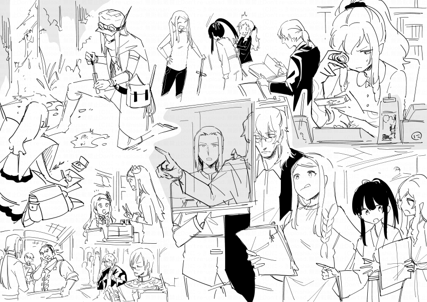 3girls 5boys :d ^_^ absurdres bag boots braid bushidou_(sekaiju) bushidou_2_(sekaiju) closed_eyes collared_dress collared_shirt crown curse_maker curse_maker_1 doctor_magus doctor_magus_4 dress dress_shirt drill_hair etrian_odyssey flat_cap forehead glass_lens glasses goggles goggles_on_headwear greyscale hair_over_shoulder hair_ribbon hand_on_hilt hat highres holding jacket knee_boots long_hair low_ponytail mini_crown monochrome multiple_boys multiple_girls nikki_kyousuke on_one_knee open_clothes open_jacket open_mouth paladin_(sekaiju) paladin_2_(sekaiju) pants pince-nez ponytail ranger_(sekaiju) ranger_1_(sekaiju) ribbon shirt sidelocks single_braid smile swept_bangs tilted_headwear tree