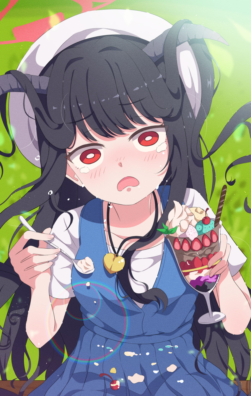 1girl absurdres accident beret black_hair black_horns blue_archive blue_dress blush bright_pupils commentary_request cowboy_shot day demon_girl demon_horns dress food frown furrowed_brow fuuka_(blue_archive) fuuka_(casual)_(blue_archive) hair_down hair_intakes hair_on_horn halo hands_up hat heart_pendant highres holding holding_food holding_spoon horns jewelry lens_flare long_hair looking_at_viewer mikoshi_(user_wvyd4348) official_alternate_costume official_alternate_hairstyle open_mouth outdoors parfait pendant pleated_dress red_eyes red_halo shirt short_sleeves sitting solo spoon tearing_up tears very_long_hair white_hat white_pupils white_shirt wide-eyed