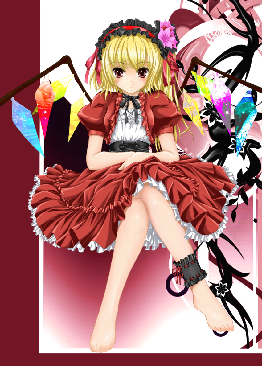 1girl ankle_garter bad_id bad_pixiv_id barefoot blonde_hair blush feet female_focus flandre_scarlet goth_fashion highres crossed_legs nekokotei red_eyes ribbon short_hair sitting smile solo toes touhou wings