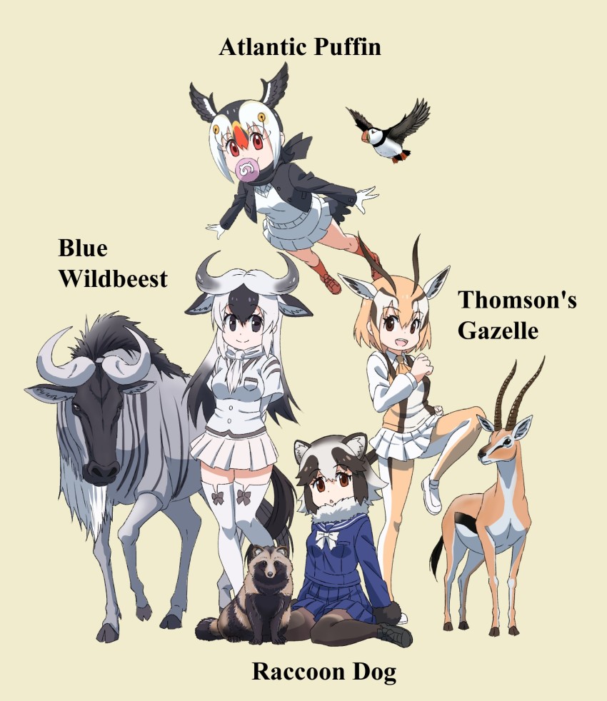 4girls animal_collar animal_ears ascot atlantic_puffin_(kemono_friends) beige_background bird black_eyes black_footwear black_hair black_jacket black_legwear black_scarf blonde_hair blouse blue_shirt blue_wildebeest_(kemono_friends) bob_cut bow bowtie brown_eyes character_name closed_mouth collar collared_shirt commentary_request creature_and_personification deer_ears deer_tail english_text extra_ears flying fur-trimmed_sleeves fur_collar fur_trim gazelle head_wings highres horns jacket japari_symbol kemono_friends kemono_friends_2 leg_up long_hair long_sleeves looking_at_viewer miniskirt mouth_hold multicolored_hair multiple_girls name_connection open_mouth ox_ears ox_horns pantyhose personification pleated_skirt puffin raccoon_ears red_eyes red_footwear red_hair red_legwear scarf school_uniform scrunchie serafuku shirt shoes short_hair short_sleeves simple_background sitting skirt smile socks standing standing_on_one_leg sweater tail tanuki tanuki_(kemono_friends) thighhighs thomson&#039;s_gazelle_(kemono_friends) two-tone_hair v-neck wariza white_hair white_neckwear white_scrunchie white_shirt white_skirt white_sweater wildebeest wings yamaguchi_yoshimi yellow_background yellow_legwear yellow_neckwear
