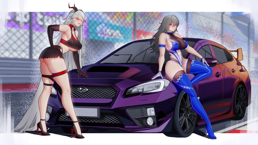 2girls absurdres aegir_(azur_lane) alfa_(alpharig) alternate_costume ass azur_lane bare_shoulders black_gloves black_horns black_panties black_skirt black_thighhighs blue_footwear boots breasts car chain-link_fence cleavage commentary commission crop_top demon_girl demon_horns elbow_gloves english_commentary fence full_body gloves grey_hair hand_on_own_hip high_heel_boots high_heels highres horns large_breasts latex latex_boots leaning_back leaning_forward leaning_on_object letterboxed looking_at_viewer microskirt motor_vehicle multicolored_hair multiple_girls one-piece_swimsuit panties pantyshot race_queen red_eyes red_hair saint-louis_(azur_lane) see-through_cleavage see-through_clothes shoes sideboob skirt standing streaked_hair subaru_(brand) subaru_wrx_sti swimsuit thigh_boots thigh_strap thighhighs thighhighs_under_boots two-tone_hair underboob underwear vehicle_request white_gloves white_hair yellow_eyes