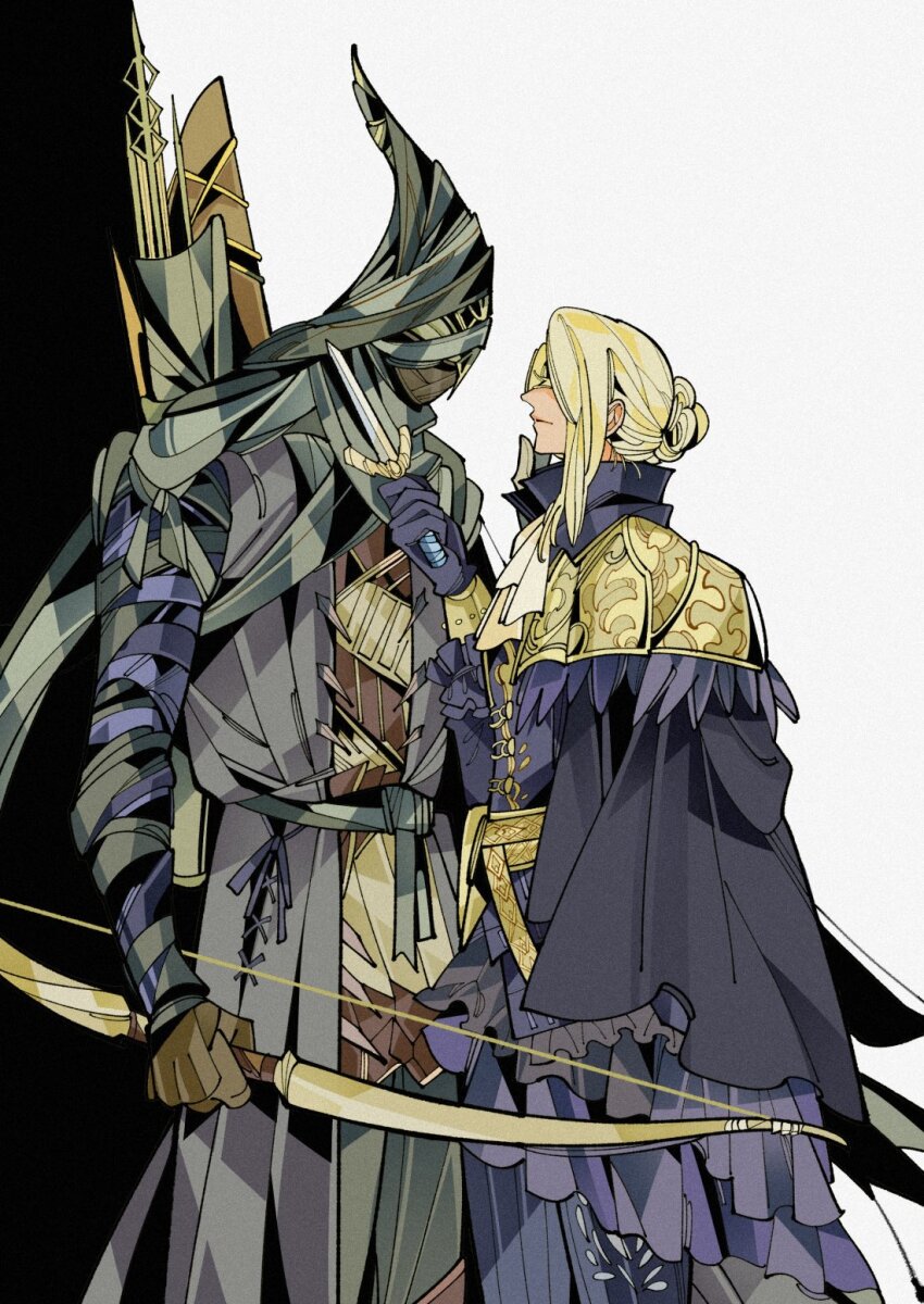 1boy 1girl ascot bandages black_gloves blade_to_throat blonde_hair bow_(weapon) capelet cloak dagger drenched-in-sunlight duchess_(elden_ring) elden_ring elden_ring_nightreign eye_mask from_side gloves hair_bun highres holding holding_bow_(weapon) holding_dagger holding_knife holding_weapon hood ironeye_(elden_ring) knife parted_bangs quiver simple_background standing upper_body weapon white_ascot