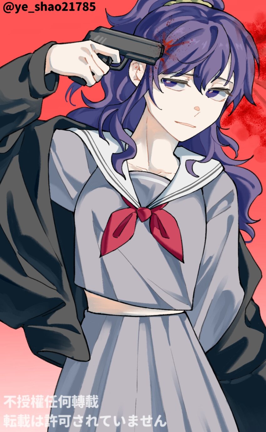 1girl asahina_mafuyu black_cardigan blood blood_splatter cardigan closed_mouth grey_serafuku gun hair_between_eyes hair_over_shoulder handgun highres holding holding_gun holding_weapon jacket long_hair long_sleeves miyamasuzaka_girls&#039;_academy_school_uniform open_mouth ponytail project_sekai purple_eyes purple_hair red_background ribbed_cardigan sailor_collar school_uniform serafuku shirt smile weapon white_sailor_collar ye_shao21785