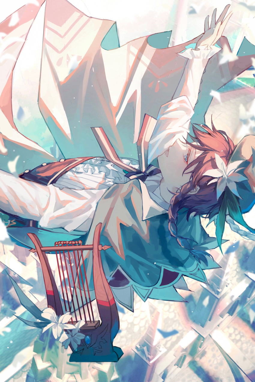 1boy absurdres bird black_hair blue_eyes blue_hair bow braid building cape commentary day falling flower genshin_impact hat highres instrument long_sleeves lyre male_focus multicolored_hair nokoya outdoors parted_lips profile solo twin_braids venti_(genshin_impact) white_flower