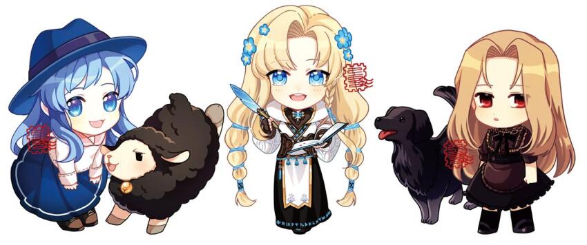 3girls blony_(mabinogi) blue_eyes chibi commentary_request dog fleta korean_commentary long_hair looking_at_viewer lorna mabinogi multiple_girls roul sheep simple_background smile