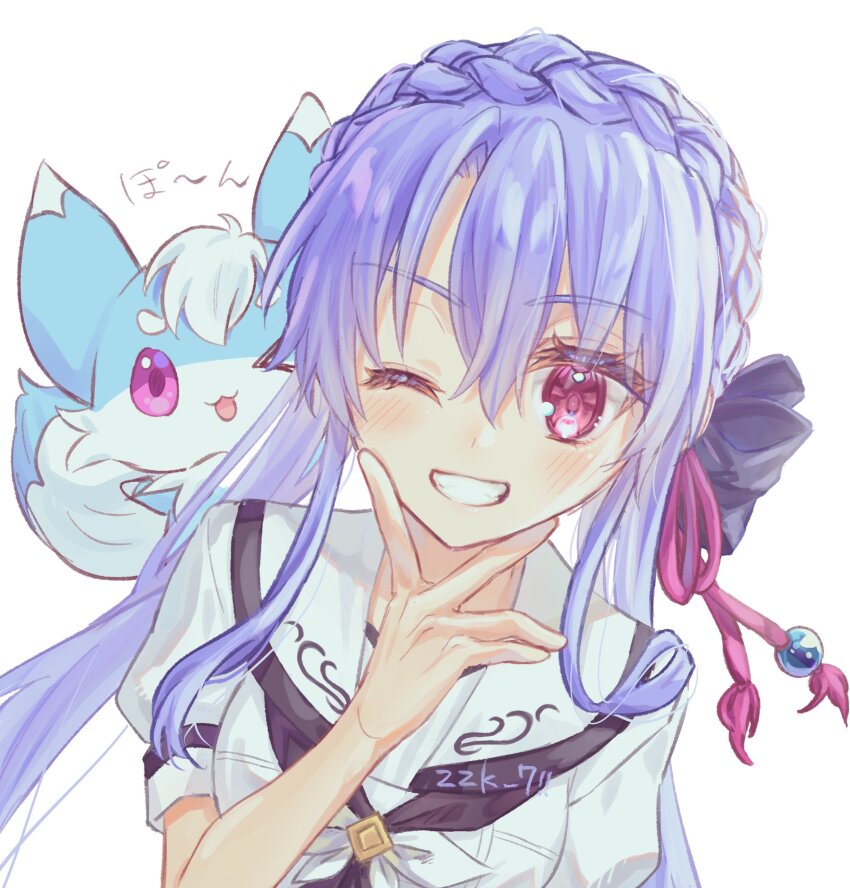 &gt;_o 1girl :3 ;d absurdres animal animal_on_shoulder artist_name ascot black_ascot black_bow blue_hair blush bow braid commentary_request crown_braid eyelashes grin hair_between_eyes hair_bow hand_up happy highres inari_(summer_pockets) long_hair looking_at_viewer one_eye_closed open_mouth puffy_short_sleeves puffy_sleeves red_eyes sailor_collar school_uniform serafuku shirt short_sleeves sidelocks simple_background smile solo sorakado_ao sound_effects summer_pockets thick_eyebrows upper_body v v_over_mouth white_background white_sailor_collar white_shirt zuzuhashi