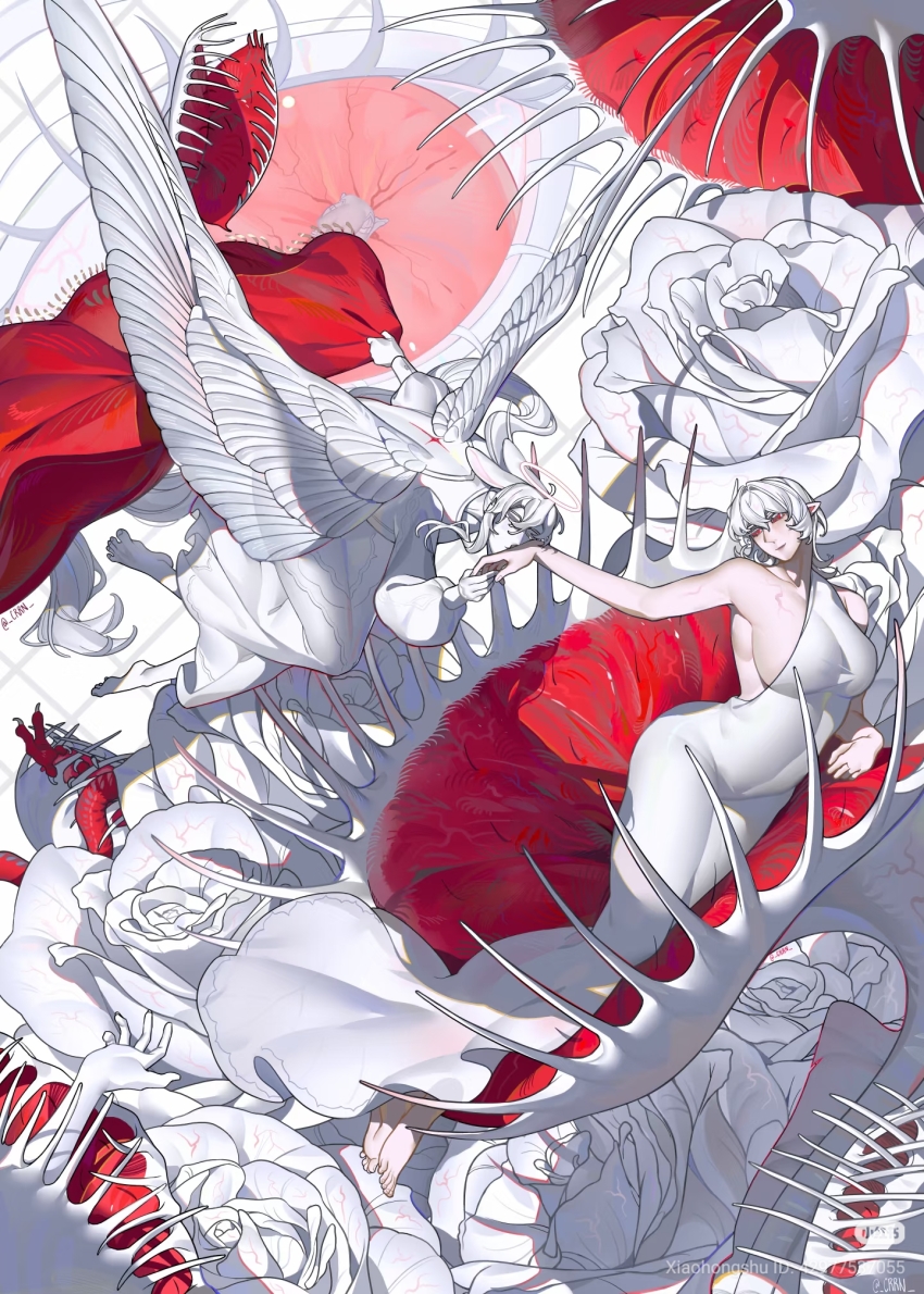 1boy 1girl absurdly_long_hair angel angel_wings animal_ears arm_support artist_name back_tattoo backless_outfit bad_source bare_arms bare_shoulders barefoot breasts bustier closed_eyes collarbone colored_eyelashes colored_skin colored_veins covered_groin covered_navel crrn curvy disembodied_eye disembodied_hand double-parted_bangs dress feathered_wings feathers fine_art_parody flats floating_hair flower flying four-pointed_star full_body garter_straps hair_between_eyes hair_intakes halo head_tilt highres holding_hands holding_shawl kiss kissing_hand knee_up large_breasts long_dress long_hair long_sidelocks long_sleeves long_tail looking_at_another low-tied_long_hair lying mature_female mature_male medium_hair nail_polish nose nurse_(crrn) on_side original pale_skin parody parted_lips pink_lips plant pointy_ears puffy_long_sleeves puffy_sleeves rabbit_boy rabbit_ears raised_eyebrows red_eyes red_shawl red_skin red_tail red_tattoo rei_(crrn) robe rose shawl sideboob sidelocks simple_background sitting sleeveless sleeveless_dress snake_tail tail tall_female tattoo the_birth_of_venus the_creation_of_adam thick_thighs thighhighs thighs toe_claws toenail_polish toenails twitter_username venus_flytrap very_long_hair wariza white_background white_dress white_feathers white_flower white_hair white_halo white_nails white_robe white_rose white_skin white_theme white_trim white_wings white_wrist_cuffs wings wrist_cuffs