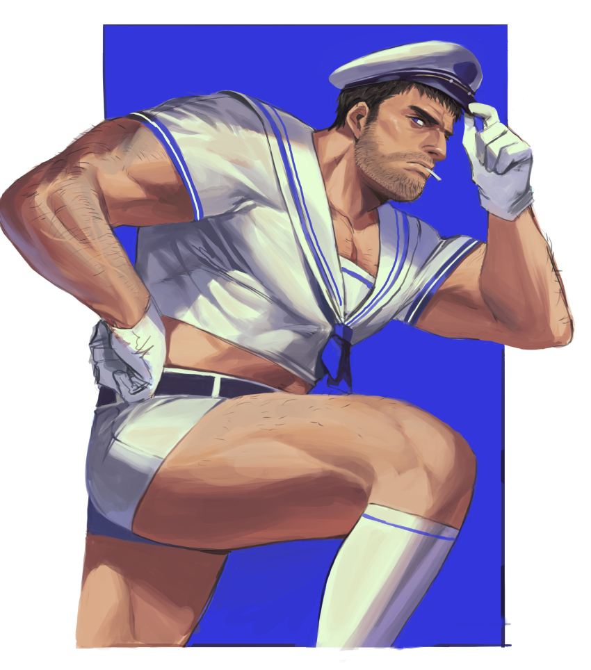 1boy absurdres bara belt black_belt black_hair chris_redfield closed_mouth facial_hair gloves highres large_pectorals looking_at_viewer male_focus muscular muscular_male official_alternate_costume on_(isk1812) pectorals resident_evil resident_evil:_revelations sailor_collar sailor_shirt shirt short_hair short_shorts shorts socks solo white_gloves white_sailor_collar white_shorts white_socks