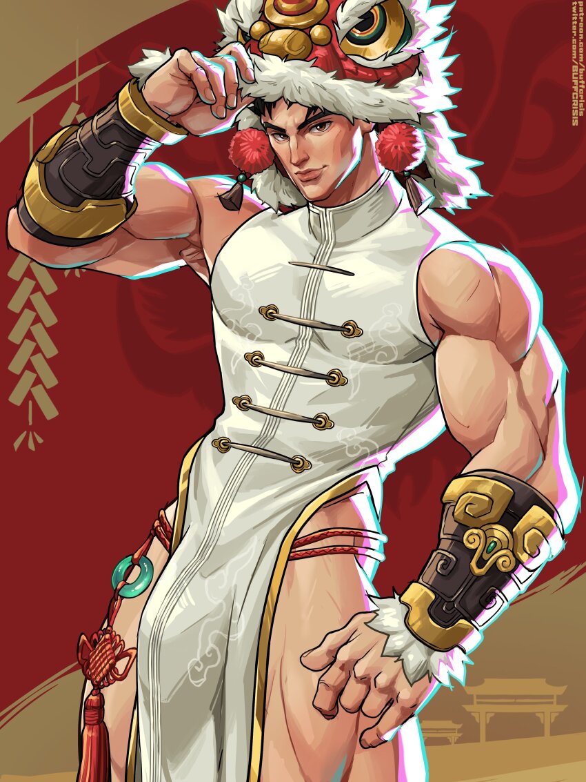 1boy absurdres bulge chinese_clothes closed_mouth commentary english_commentary firecrackers highres iron_fist_(lion&#039;s_gaze)_(marvel) iron_fist_(marvel) lin_lie_(marvel) lion_dance looking_at_viewer male_focus marvel marvel_rivals muscular muscular_male no_pants patreon_username sgt_crisis shirt sleeveless sleeveless_shirt twitter_username white_shirt
