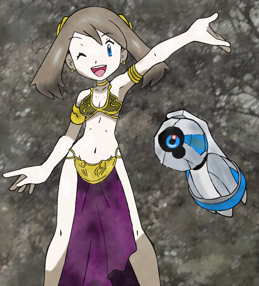 1girl 1other absurdres amayzing2002 beldum breasts brown_hair cosplay curvy gen_3_pokemon highres huttslayer_leia huttslayer_leia_(cosplay) looking_at_viewer may_(pokemon) medium_hair navel nintendo one_eye_closed open_mouth pelvic_curtain pokemon pokemon_(creature) pokemon_rse princess_leia revealing_clothes smile star_wars wide_hips wink