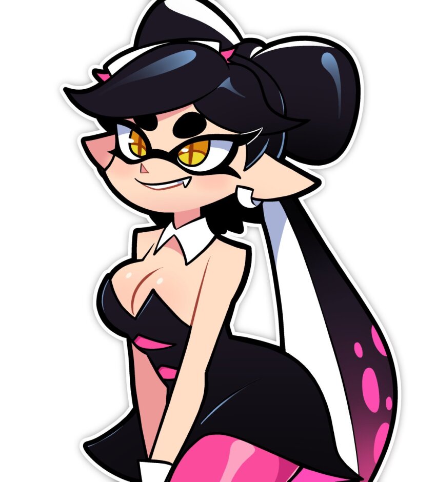 +_+ 1girl bare_shoulders breasts callie_(splatoon) dress earrings gloves highres jewelry large_breasts nintendo pointy_ears scott_falco sleeveless splatoon_(series) white_background yellow_eyes