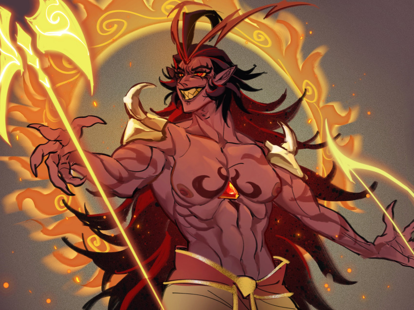 1boy abs axe bare_pectorals battle_axe black_hair bow_(weapon) burning_spice_cookie cookie_run cookie_run:_kingdom evil_grin evil_smile grin highres holding holding_axe holding_weapon jugenxiannu196 long_hair male_focus muscular muscular_male pectorals sharp_teeth smile teeth very_long_hair weapon