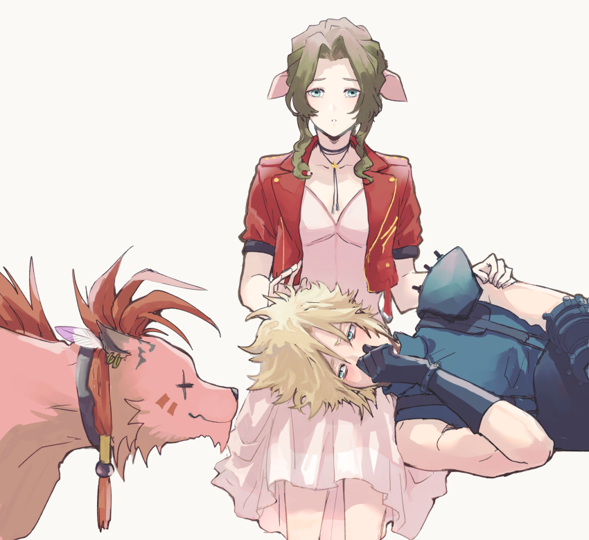 1girl 2boys aerith_gainsborough animal aqua_eyes armor beads black_gloves blonde_hair blue_shirt breasts brown_hair choker cloud_strife covering_own_mouth cropped_jacket demi_co dress earrings facial_mark feather_hair_ornament feathers feet_out_of_frame final_fantasy final_fantasy_vii final_fantasy_vii_rebirth final_fantasy_vii_remake flower_choker gloves green_eyes hair_beads hair_between_eyes hair_ornament hair_ribbon hand_on_another&#039;s_arm hand_over_own_mouth highres jacket jewelry lap_pillow long_dress long_hair medium_breasts multiple_boys orange_fur parted_bangs parted_lips pink_dress pink_ribbon red_hair red_jacket red_xiii ribbon scar scar_across_eye scar_on_face shirt short_hair short_sleeves shoulder_armor sidelocks single_bare_shoulder single_shoulder_pad sleeveless sleeveless_turtleneck spiked_hair suspenders turtleneck wavy_hair white_background