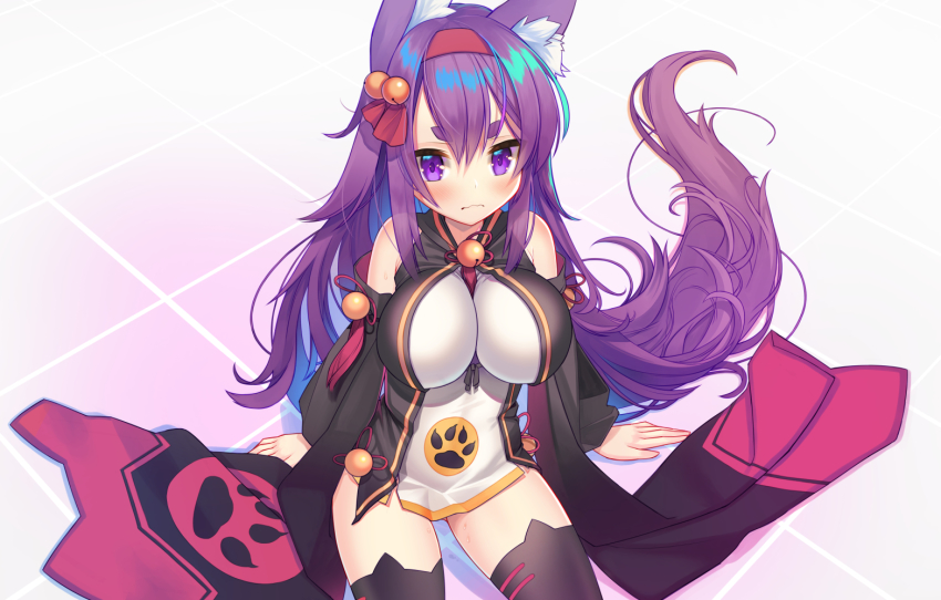 1girl animal_ears at-yui azur_lane bare_shoulders bell black_thighhighs black_vest blush breasts closed_mouth detached_sleeves dress eyebrows eyes_visible_through_hair female_focus fox_ears fox_tail frown gluteal_fold hair_bell hair_between_eyes hair_ornament hair_ribbon hairband impossible_clothes jingle_bell large_breasts long_hair long_sleeves looking_at_viewer microdress open_clothes open_mouth open_vest paw_print purple_eyes purple_hair red_hairband red_ribbon ribbon sitting solo spread_legs sweat tail tassel thick_eyebrows thighhighs tsurime urakaze_(azur_lane) vest wavy_mouth white_dress zettai_ryouiki