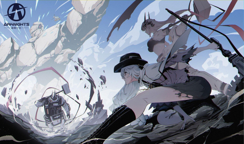 3girls arknights armor battle black_footwear black_gloves black_headwear boots braid chinese_commentary circular_saw commentary_request copyright_name crop_top cross cross_necklace dual_persona elite_ii_(arknights) gloves hammer hat helmet high_heel_boots high_heels highres holding holding_hammer holding_weapon horns jewelry jiaobulandebaomihua long_hair long_sleeves looking_at_viewer mudrock_(arknights) mudrock_(elite_ii)_(arknights) mudrock_colossus_(arknights) multiple_girls necklace official_alternate_costume outdoors over_shoulder parted_lips red_eyes saw single_braid sky specter_(arknights) specter_(undercurrent)_(arknights) standing thighs torn_clothes very_long_hair weapon weapon_over_shoulder white_hair