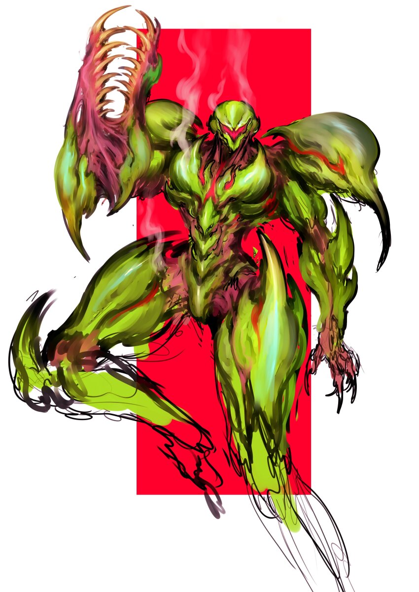 1girl absurdres alternate_design arm_cannon armor assault_visor biomechanical border claws commentary english_commentary green_armor highres metroid metroid_dread metroid_suit nintendo power_suit_(metroid) red_background samus_aran science_fiction sharp_teeth shoulder_armor sketch solo teeth weapon white_background white_border witnesstheabsurd