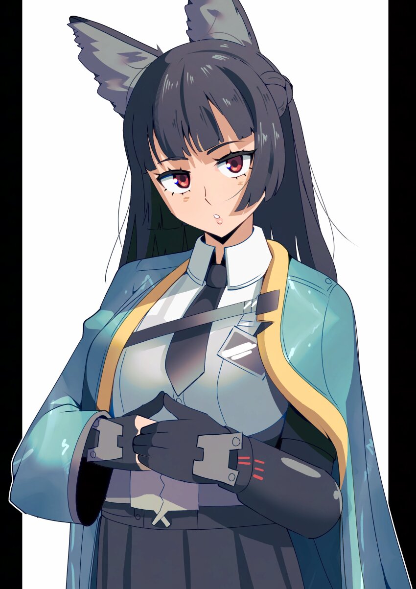 1girl absurdres animal_ear_fluff animal_ears black_border black_gloves black_hair black_necktie black_skirt blunt_bangs border collared_shirt commentary fox_ears fox_girl gjh gloves highres hoshimi_miyabi long_hair looking_at_viewer necktie outside_border parted_lips pillarboxed red_eyes shirt skirt solo upper_body white_background white_shirt zenless_zone_zero