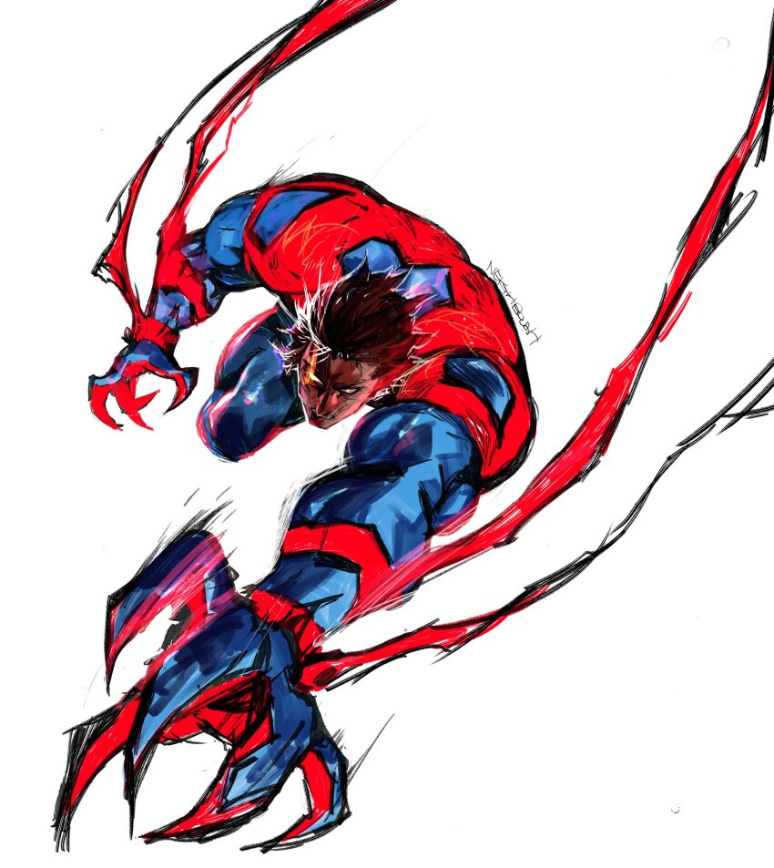 1boy bodysuit brown_hair claws dark-skinned_male dark_skin glowing glowing_eye highres looking_at_viewer male_focus marvel miguel_o&#039;hara multicolored_bodysuit muscular muscular_male signature solo spider-man:_across_the_spider-verse spider-man_(2099) spider-man_(series) spider-verse superhero_costume white_background yellow_eyes yourfreakyneighbourh