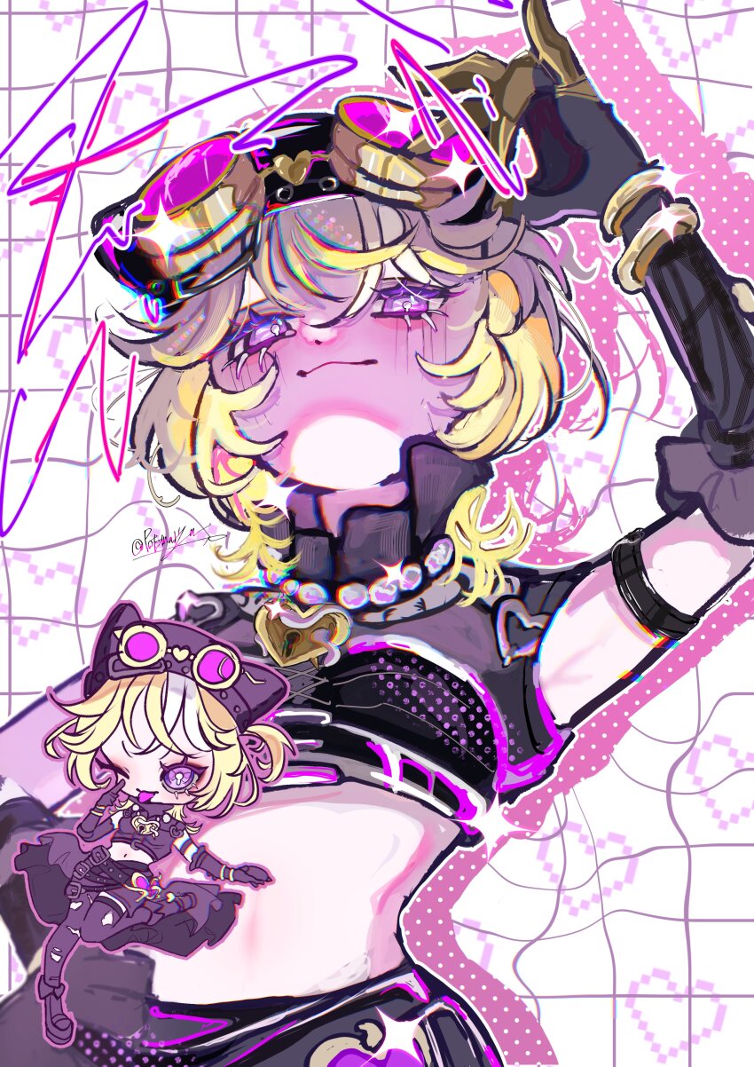 1girl absurdres adjusting_eyewear belt black_belt black_boots black_gloves black_hat black_shirt black_skirt black_thighhighs blonde_hair blush boots bright_pupils chibi chibi_inset closed_mouth commentary_request crop_top drop_shadow elbow_gloves eyelashes gloves goggles hat heart highres identity_v jewelry lock lock_necklace midriff multiple_belts necklace one_eye_closed outline pink-tinted_eyewear pink_outline potemaryu purple_eyes shirt short_hair skirt smile sparkle standing standing_on_one_leg symbol-shaped_pupils thighhighs tinted_eyewear tongue tongue_out torn_clothes torn_thighhighs tracy_reznik tracy_reznik_(lock_core) white_pupils