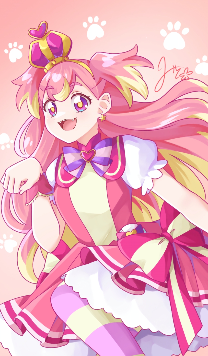 1girl absurdres blush bow bowtie brooch crown cure_wonderful dress earrings fangs heart heart_brooch highres inukai_komugi jewelry long_hair magical_girl mini_crown mito_(fate) multicolored_hair open_mouth petticoat pink_dress pink_eyes pink_hair precure puffy_short_sleeves puffy_sleeves short_sleeves signature smile solo streaked_hair striped_bow striped_bowtie striped_clothes striped_thighhighs thighhighs two-tone_hair two_side_up very_long_hair white_sleeves wonderful_precure! wrist_cuffs
