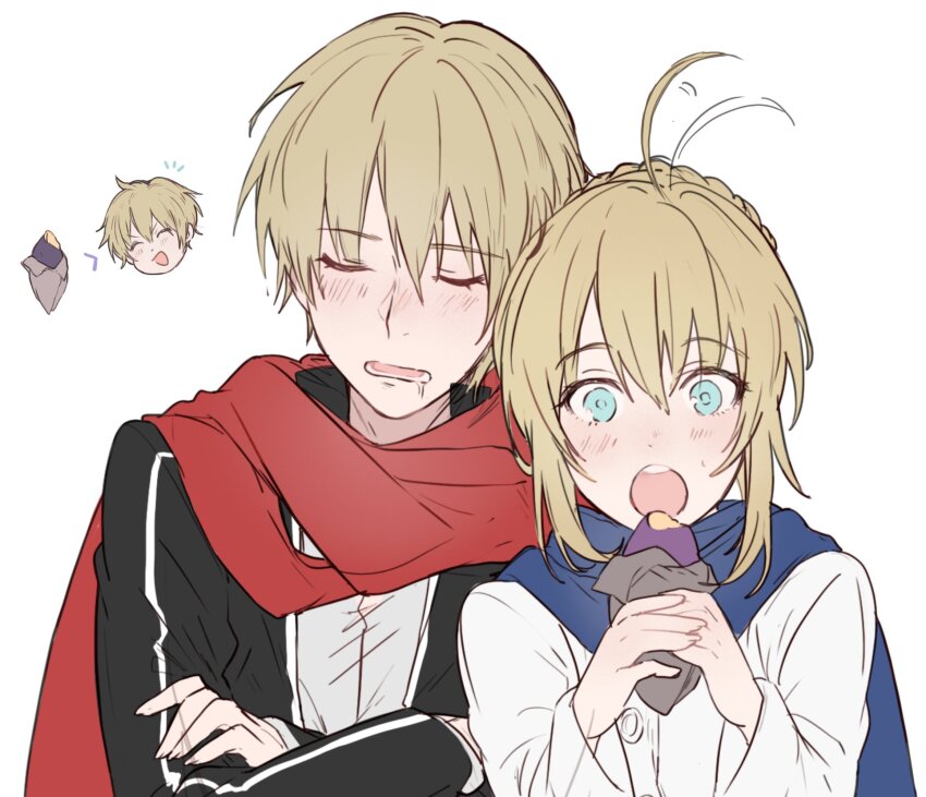 1boy 1girl afterimage ahoge ahoge_wag artoria_pendragon_(fate) black_jacket blonde_hair blue_eyes blue_scarf commentary_request crossed_arms drooling eating expressive_hair fate/stay_night fate_(series) food gilgamesh_(fate) gilgamesh_(immoral_biker_jacket)_(fate) highres jacket open_mouth red_scarf roasted_sweet_potato round_teeth saber_(fate) scarf sleeping sleeping_upright sweet_potato teeth waltz_(tram)