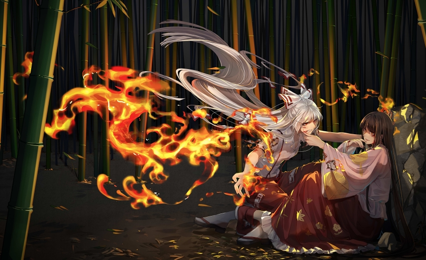 2girls absurdly_long_hair absurdres against_rock ankle_boots arms_up bamboo bamboo_forest black_footwear black_hair blood blood_on_face blood_on_hands blunt_bangs boots burnt_clothes clenched_teeth collared_shirt commentary cuts fire floating_hair forest fujiwara_no_mokou hair_ribbon hand_on_another&#039;s_chin hand_on_own_chin highres houraisan_chouko houraisan_kaguya injury knee_up leaf_print light_smile long_hair looking_at_another multiple_girls nature night ofuda on_ground on_one_knee orange_eyes outdoors outstretched_arm outstretched_leg pants parted_lips petticoat pink_shirt ponytail red_eyes red_footwear red_pants red_skirt ribbon sandals scowl shirt short_sleeves sitting skirt suspenders tabi teeth torn_clothes torn_sleeves touhou very_long_hair white_hair white_legwear white_shirt zouri