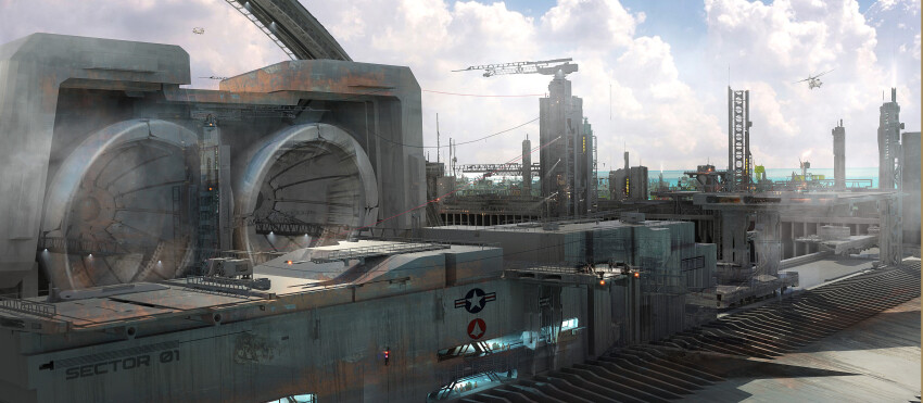 absurdres building choujikuu_yousai_macross cloud coldesign commentary construction_site engine english_commentary highres machinery macross mecha official_art production_art realistic redesign repairing robot robotech robotech:_the_motion_picture roundel science_fiction sdf-1 south_ataria spacecraft thrusters tower u.n._spacy united_states_air_force