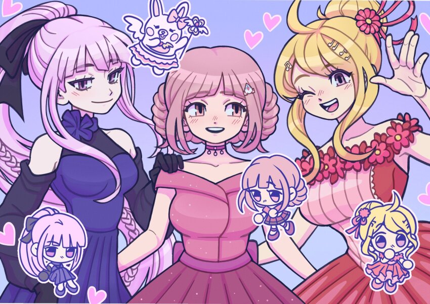 3girls :d ;d akamatsu_kaede bare_shoulders bazukat_art black_bow black_gloves blonde_hair blush bow breasts chibi danganronpa:_trigger_happy_havoc danganronpa_(series) danganronpa_10th_anniversary_costume danganronpa_2:_goodbye_despair danganronpa_v3:_killing_harmony dress dress_flower flower galaga gloves grey_hair hair_bow heart highres kirigiri_kyoko large_breasts long_hair multiple_girls multiple_views nanami_chiaki official_alternate_costume one_eye_closed open_mouth pink_dress ponytail red_dress smile spaceship_hair_ornament teeth upper_teeth_only usami_(danganronpa)