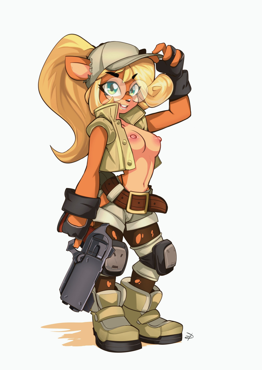 1girl absurdres belt blonde_hair breasts cap coco_bandicoot cosplay crash_bandicoot_(series) delux_drawings fingerless_gloves fio_germi fio_germi_(cosplay) glasses gloves green_eyes gun heart highres jacket knee_pads metal_slug nipples ponytail third-party_edit weapon