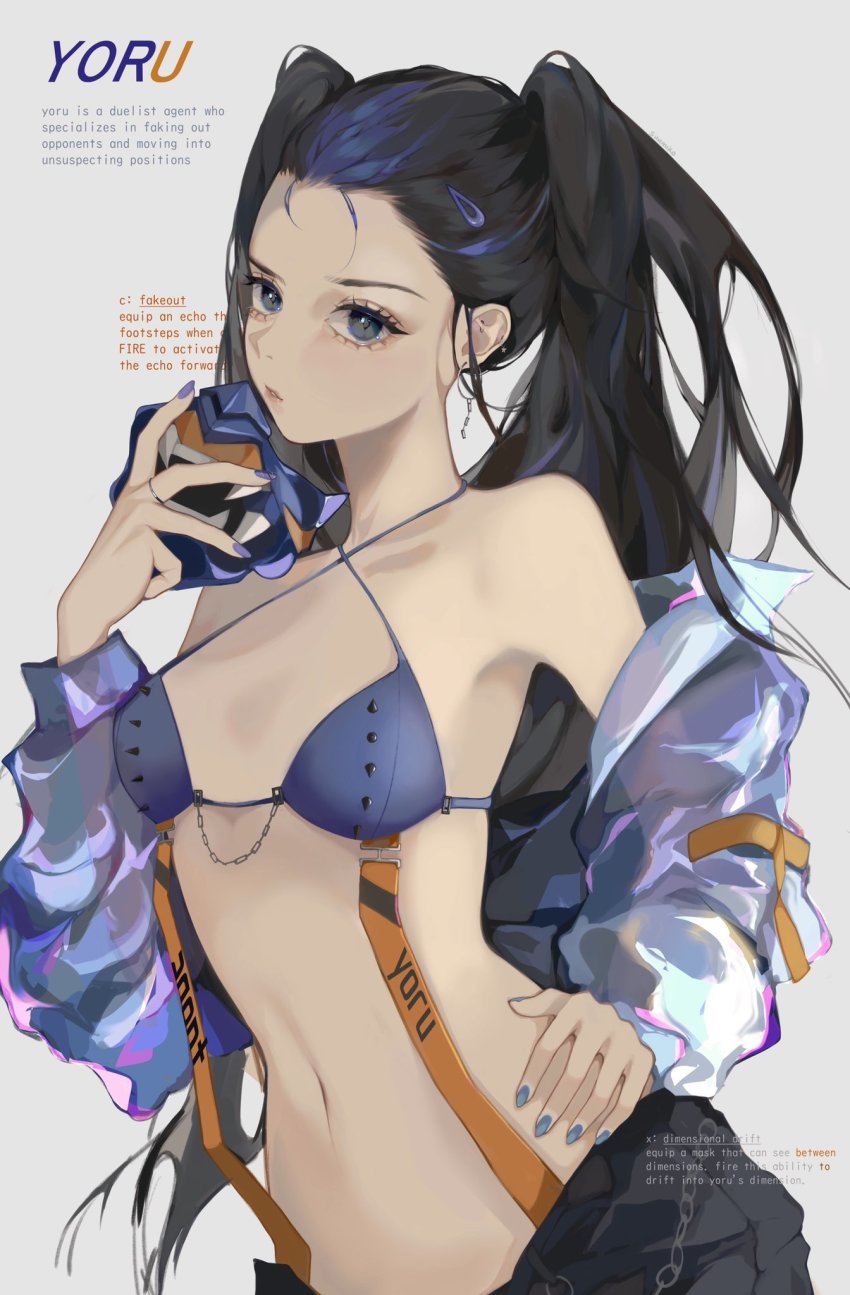 1girl animification bikini black_hair black_pants blue_bikini blue_eyes blue_hair blue_nails breasts chain commentary english_commentary genderswap genderswap_(mtf) grey_jacket hair_behind_ear halterneck hand_on_own_hip head_tilt highres holding holding_mask jacket looking_at_viewer mask unworn_mask midriff multicolored_hair nail_polish navel pants small_breasts solo streaked_hair sumi_(suumiko_) suspenders swimsuit twintails valorant yoru_(valorant)