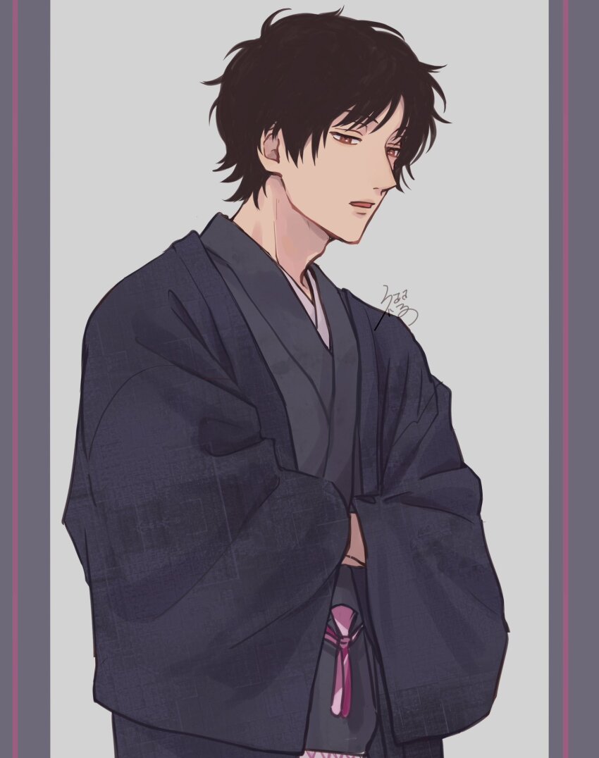 1boy black_hair blue_kimono brown_eyes erinan half-closed_eyes highres japanese_clothes karasuma_kyousuke kimono male_focus parted_lips short_hair signature simple_background solo upper_body wide_sleeves world_trigger