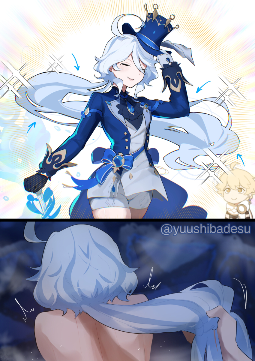 1boy 1girl absurdres aether_(genshin_impact) ascot asymmetrical_gloves blue_ascot blue_gemstone blue_hat blue_jacket cowlick furina_(genshin_impact) gem genshin_impact gloves grabbing_another&#039;s_hair hat hetero highres holding_another&#039;s_hair hydro_symbol_(genshin_impact) implied_sex jacket mismatched_gloves multicolored_hair paid_reward_available sex sex_from_behind streaked_hair top_hat yuushiba