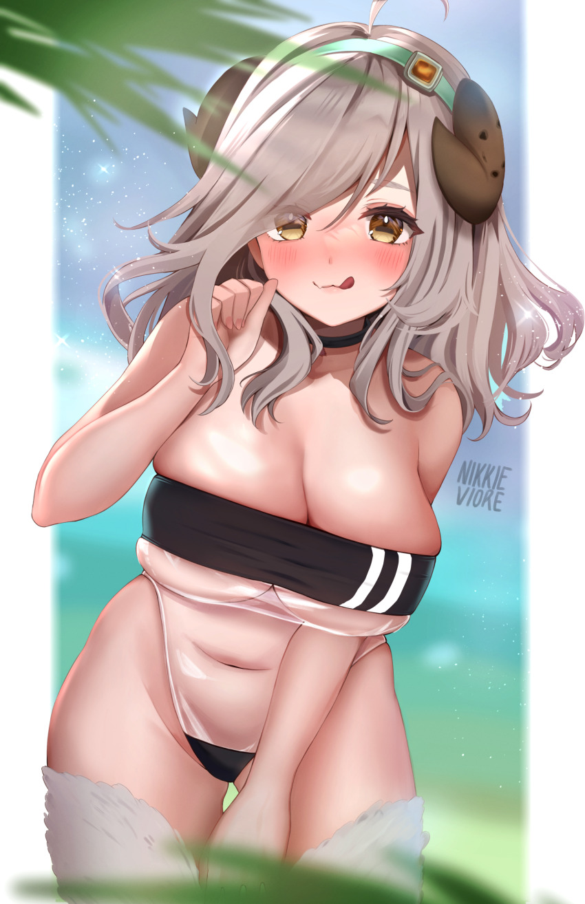 1girl :q absurdres ahoge artist_name blurry blurry_background blush breasts brown_eyes cleavage clenched_hand commission green_hairband grey_hair gris_swimsuit hairband highres horizontal_pupils horns indie_virtual_youtuber large_breasts long_hair lyla_sheepi meme_attire navel nikkie_viore one-piece_swimsuit see-through_clothes see-through_one-piece_swimsuit sheep_girl sheep_horns swimsuit tongue tongue_out virtual_youtuber