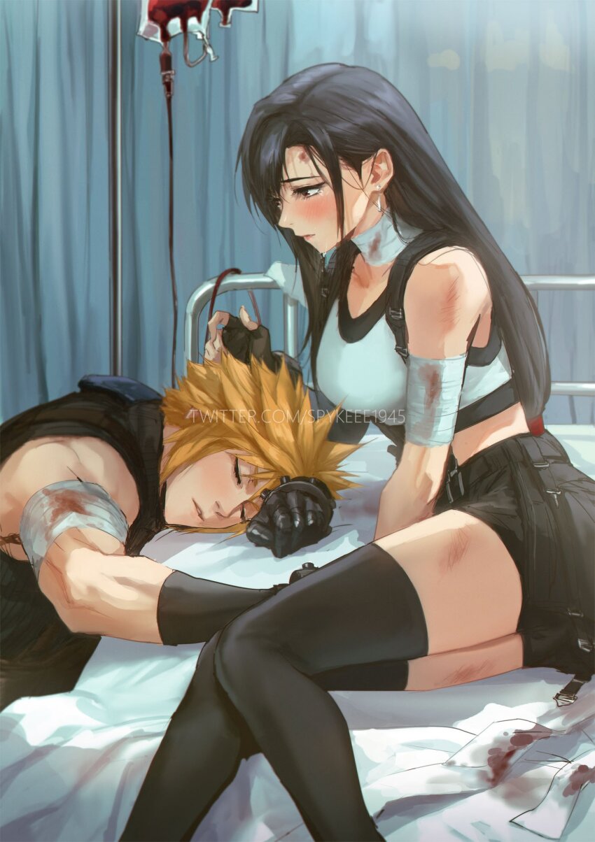 1boy 1girl bandaged_arm bandaged_neck bandages bare_shoulders bed bike_shorts_under_skirt black_gloves black_hair black_skirt black_sports_bra black_thighhighs bleeding blonde_hair blood blood_bag blood_stain bloody_bandages blush breasts closed_eyes cloud_strife collarbone commentary crop_top earrings english_commentary feet_out_of_frame final_fantasy final_fantasy_vii final_fantasy_vii_rebirth final_fantasy_vii_remake fingerless_gloves gloves hair_behind_ear highres indoors injury intravenous_drip iv_stand jewelry large_breasts long_hair looking_at_another low-tied_long_hair midriff parted_lips red_eyes short_hair single_earring sitting skirt sleeveless sleeveless_turtleneck spiked_hair sports_bra spykeee suspender_skirt suspenders sweater swept_bangs tank_top teardrop tears thighhighs tifa_lockhart turtleneck turtleneck_sweater twitter_username upper_body white_tank_top yokozuwari