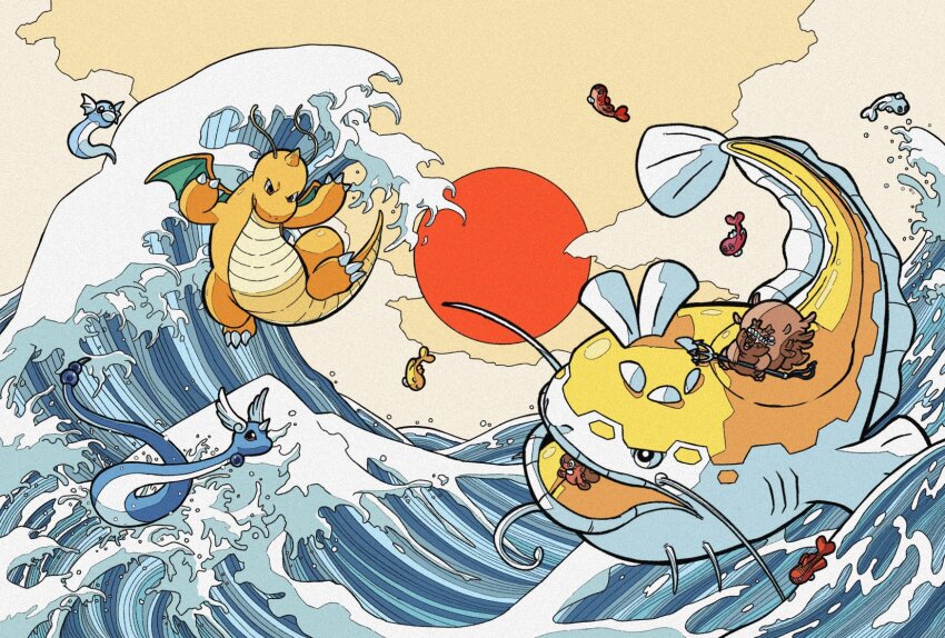 alternate_color antennae battle bright_pupils brown_fur claws cloud colored_skin debudebumetabo dondozo dragon dragonair dragonite dratini fine_art_parody fish gen_1_pokemon gen_8_pokemon greedent hachimaki head_wings headband highres holding holding_polearm holding_weapon horns kanagawa_okinami_ura midair nejiri_hachimaki nintendo no_humans official_alternate_color orange_skin parody pokemon pokemon_(creature) pokemon_focus polearm red_sun riding riding_pokemon shiny_pokemon single_horn squirrel tatsugiri tatsugiri_(curly) tatsugiri_(droopy) tatsugiri_(stretchy) tidal_wave trident v-shaped_eyes water waves weapon whiskers white_pupils wings wyrm