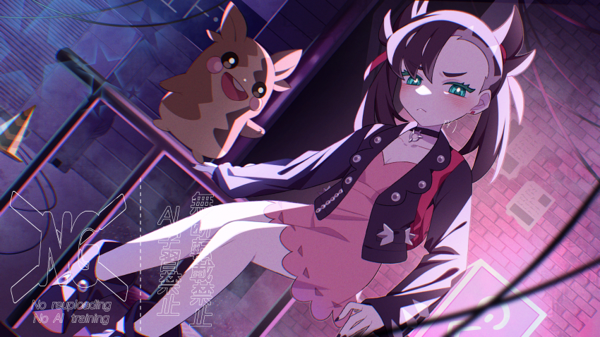 1girl absurdres ame_akira asymmetrical_bangs backpack bag black_choker black_jacket black_nails blurry blush boots breasts choker chromatic_aberration cleavage closed_mouth collarbone commentary creatures_(company) dress earrings eyelashes fence game_freak gen_8_pokemon green_eyes hair_ribbon highres jacket jewelry knees_together_feet_apart long_sleeves marnie_(pokemon) morpeko nail_polish nintendo open_clothes open_jacket pink_dress pokemon pokemon_(creature) pokemon_swsh red_bag ribbon sitting traffic_cone twintails watermark